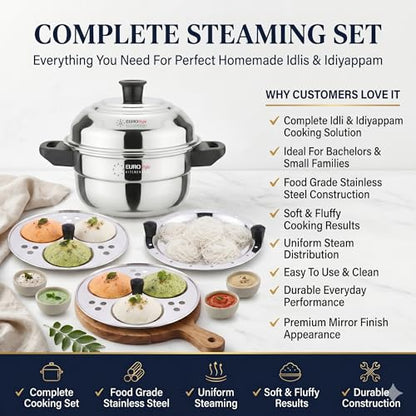 Image 7 of Eurostyle Premium Stainless Steel Idli, Idiyappam & Dhokla Steamer - ISI Mark Certified - (2Idli plates(6 idlis)  Steamer) for Flawless Fluffy Idlis - 1.5L capacity - 3Years warranty (Stainless Steel) - Royal 6 Deluxe