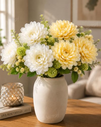 Image 3 of Divyakosh Artificial Flower Bunch Set of 2 (Vase Not Included) | White + Peach | 8 Large Flowers, 8 Filler Stems | 35 cm Decorative Artificial Flowers for Home, Living Room & Table Decor
