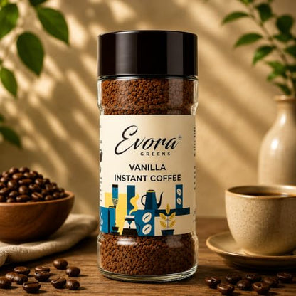 Image 1 of Pack of 1 for the product EVORA Greens 100gm Instant Coffee Powder | Vanilla Flavour | Coffee with Arabica & Robusta Blend - Medium Roast | Make 50 Cups
