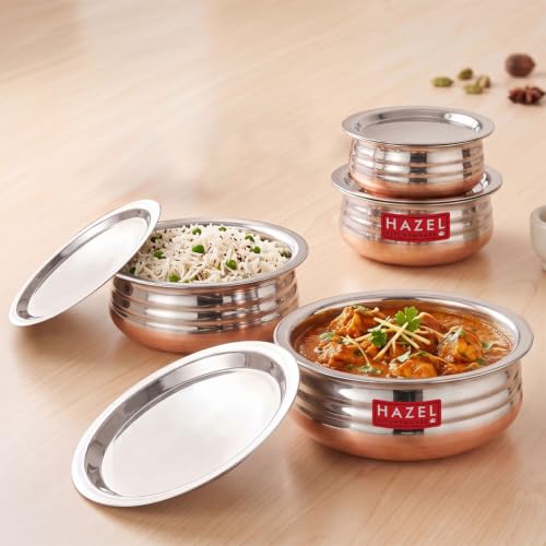 Image 3 of HAZEL Copper Bottom Uruli with Lid Stainless Steel Biryani Cooking and Serving Pot Set of 4