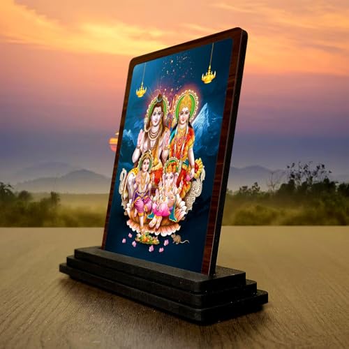 Image 3 of Shiv Parivar Small Wooden Idol 4x5 Inch Calm Energy HD Printed Home Decor
