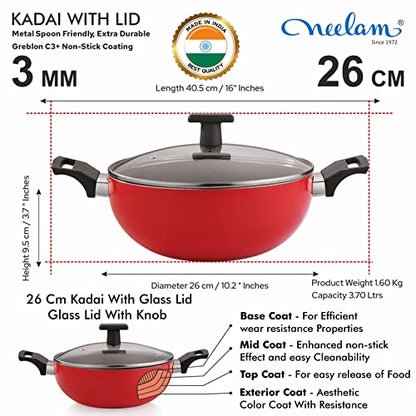 Image 2 of neelam Non-Stick Kadai with Glass Lid 26 cm 3.7 Liters