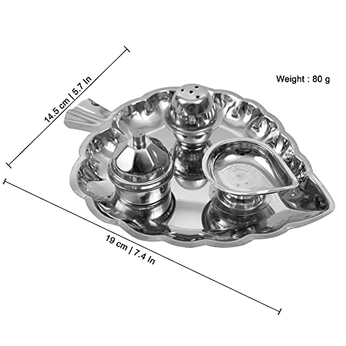 Image 7 of Spillbox Traditional Handcrafted Stainless Steel Thali kumkum Plate for Pooja/Worship-Bowl-Dhoop-Diya(Silver)