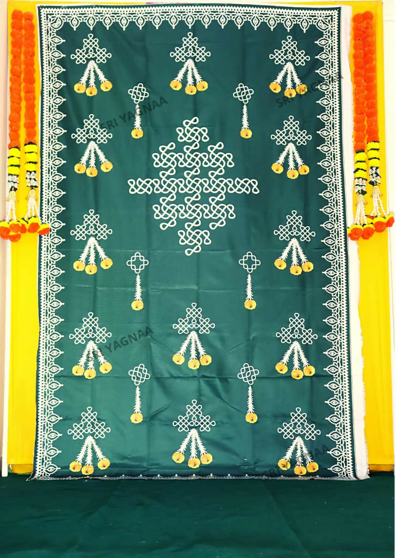 Image 2 of Sri Yagnaa Decoration M 1 – Green Muggu Backdrop Cloth with Flower Hanging Design, 5 x 8 Ft