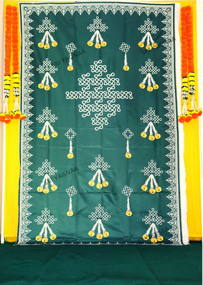 Image 2 of Sri Yagnaa Decoration M 1 – Green Muggu Backdrop Cloth with Flower Hanging Design, 5 x 8 Ft