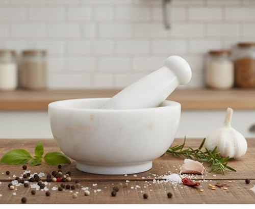Image 1 of Default Title for the product KLEO Natural White Marble Stone Mortar And Pestle Set 6" Wide Big Size