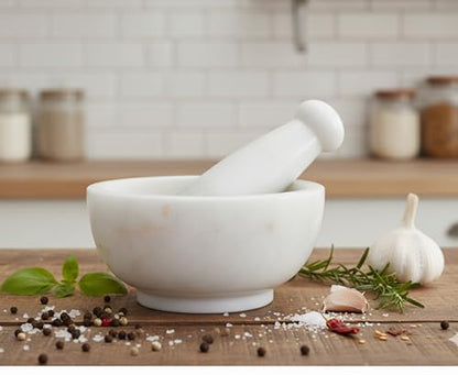 Image 1 of Default Title for the product KLEO Natural White Marble Stone Mortar And Pestle Set 6" Wide Big Size