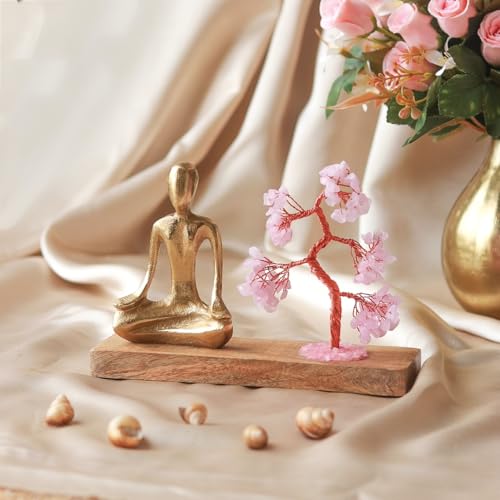 Image 7 of RITUALISTIC Rose Quartz Crystal Tree Gold Meditating Figurine on Wooden Base 22×14.5 cm