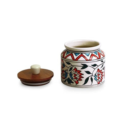 Image 3 of ExclusiveLane Persian Floral Multi Utility Storage Ceramic Jar with Wooden Lid 660 ml
