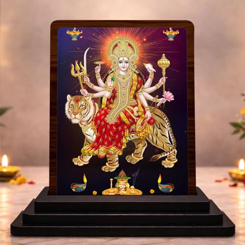 Image 1 of Default Title for the product HD Printed Durga MATA Wooden Idol 4x5 Inch Sacred Portrait Spiritual Showpiece