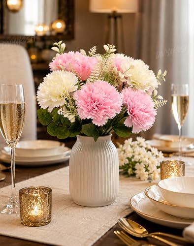Image 6 of Divyakosh Artificial Flowers Bunch (Vase Not Included), Pink & White Carnation Bouquet - 7 Flower Heads, Artificial Flower for Vase, Flower Bouquet Gift for Living Room,Table Office, Centerpiece