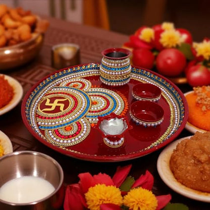 Image 5 of RIA Studio Traditional Swastik Pooja Thali Set 12-Inch Stainless Steel Prayer Plate with Kundan Decoration 5-Piece Hindu Worship Kit