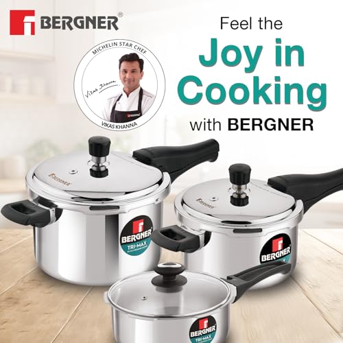 Image 2 of BERGNER Bergner Trimax Triply Stainless Steel Outer Lid Pressure Cooker Multi Combo - 5 L Cooker 3 L Pressure Pan, 2 L Cooker with Glass Lid