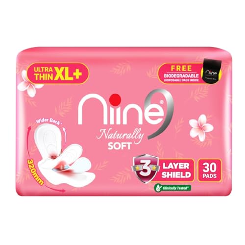 Image 1 of Pack of 1 for the product Niine Naturally Soft Ultra Thin XL+ Sanitary Napkins |320mm Long|Cottony Soft Control Rashes|Long Lasting protection |Suitable for Heavy Flow with Free Biodegradable Disposal Bags (Pack of 1) 30 Pads