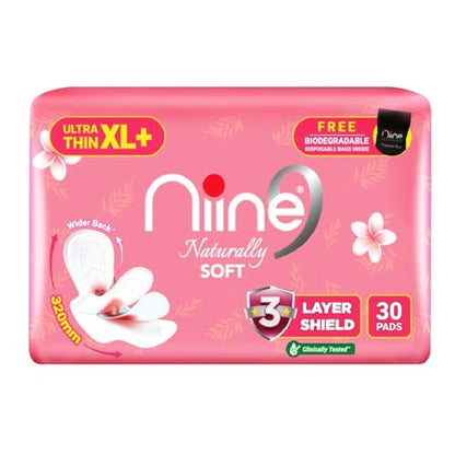 Image 1 of Pack of 1 for the product Niine Naturally Soft Ultra Thin XL+ Sanitary Napkins |320mm Long|Cottony Soft Control Rashes|Long Lasting protection |Suitable for Heavy Flow with Free Biodegradable Disposal Bags (Pack of 1) 30 Pads