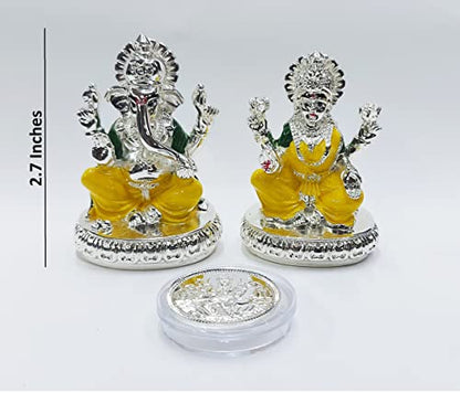 Image 3 of Gold Art India Chakra Laxmi Ganesh Silver Plated Yellow Idol (2.7" Inch)