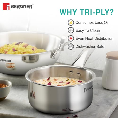 Image 6 of BERGNER TriPro 4 Pcs Tri-Ply Stainless Steel Induction Bottom Cookware Set - 22cm (2L) Kadai and 22cm (1L) Frypan with Common Stainless Steel Lid, 14cm (1L) Teapan