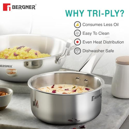 Image 6 of BERGNER TriPro 4 Pcs Tri-Ply Stainless Steel Induction Bottom Cookware Set - 22cm (2L) Kadai and 22cm (1L) Frypan with Common Stainless Steel Lid, 14cm (1L) Teapan