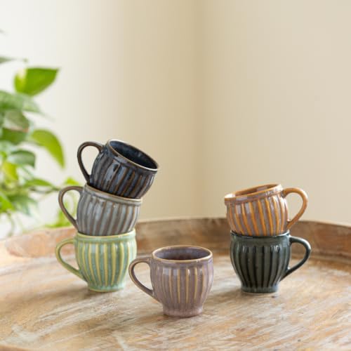 Image 1 of Default Title for the product ExclusiveLane Ribbed Medley Ceramic Tea Cups Set of 6 110 ml