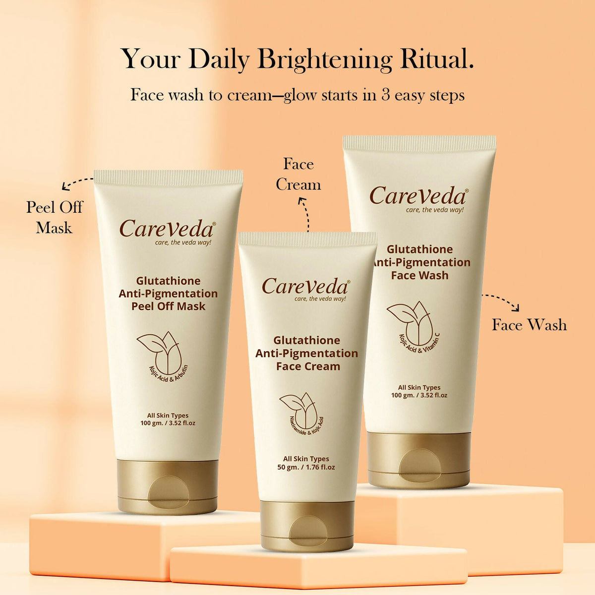 Image 3 of CareVeda Glutathione Skin Care Set of 3 | Face Cream & Face Wash, Peel off Mask for Bright, Even-Toned Skin | Anti-Pigmentation & Glow Boost | For Men & Women