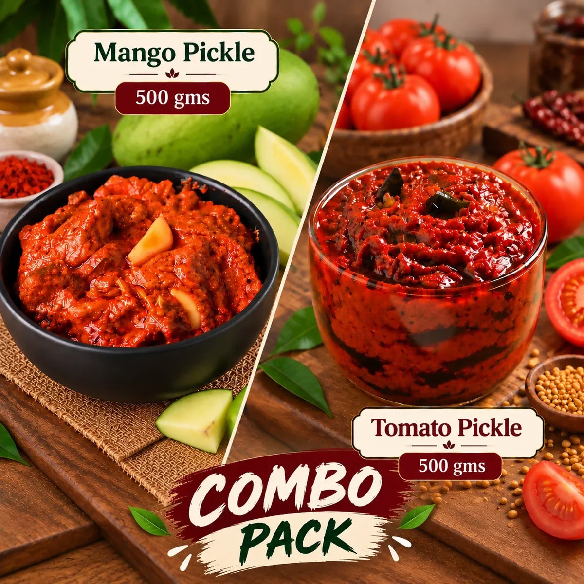 Image 2 of Tenali Ruchulu Pickles Combo: Mango Pickle + Tomato Pickle