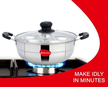 Image 6 of Klassi Kichen Stainless Steel Multi Kadai WIth Glass Lid Induction & Standard Idli Maker (2 Plates,10 Idlis)