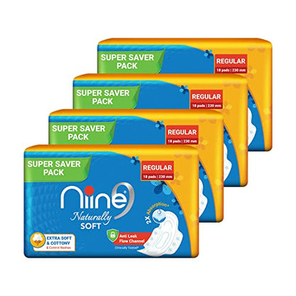 Image 1 of Regular / Pack of 1 for the product Niine Naturally Soft Regular Sanitary Napkins for women|230mm Long| Extra Soft & Cottony for Rash Control|2x Absorption|Anti-Leak Lock Protection |Super Saver Pack|(Pack of 4) 72 Pads