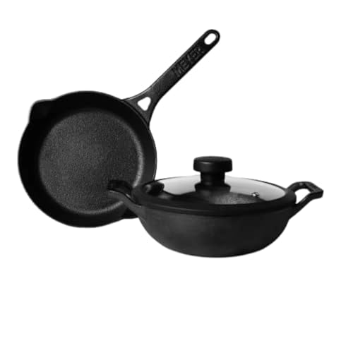 Image 1 of Default Title for the product Meyer Pre-Seasoned Cast Iron 3 Piece Cookware Set - 20cm Frypan + 20cm Kadai with Interchangeable Lid