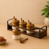 Image 1 of Default Title for the product ExclusiveLane Barni Tales Ceramic Pickle Jars with Spoon & Wooden Holder Set of 4 270 ml
