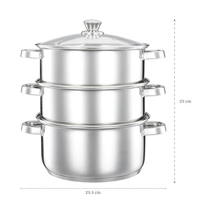 Image 9 of Solimo - Stainless Steel 2 Tier â Steamer / Idli Cum Modak Maker With Glass Lid- 20 Cm | 3 Liters | Induction Base | Silver