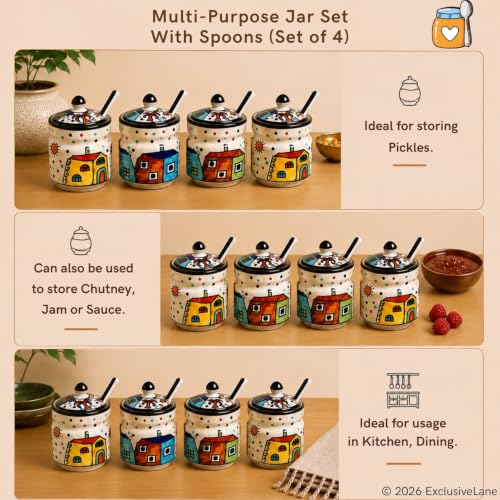 Image 3 of ExclusiveLane The Hut Ceramic Pickle Jars with Spoon Set of 4 280 ml Multicolor