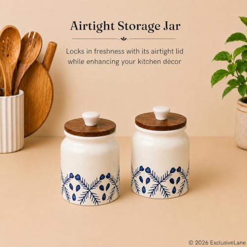Image 5 of ExclusiveLane 'Royal Mughal' Airtight Ceramic Jars For Kitchen Storage With Wooden Lid Ceramic Containers For Pickle Cookies Sugar Dry Fruits (Set of 2, Airtight, 380 ML, Hand-Painted, 13.4 Cm)
