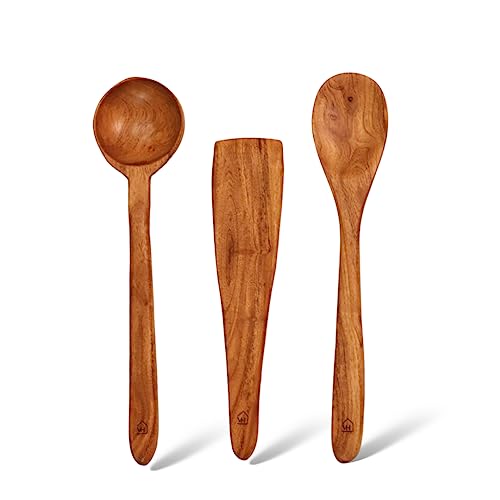 Image 3 of Set of 3 (1) for the product Vesta Homes Neem Wood Spoon Compact Flip Spatula Ladle Kitchen Tools