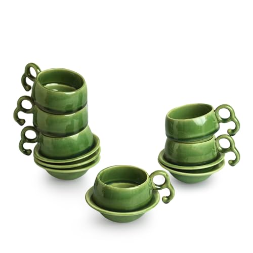 Image 2 of ExclusiveLane Jade Forest Ceramic Tea Cup and Saucer Set of 6 (120 ml)