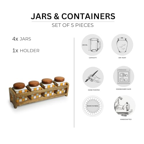 Image 6 of ExclusiveLane Shatranj Checkered Multi Utility Storage Ceramic Jars with Wooden Holder Set of 4 240 ml