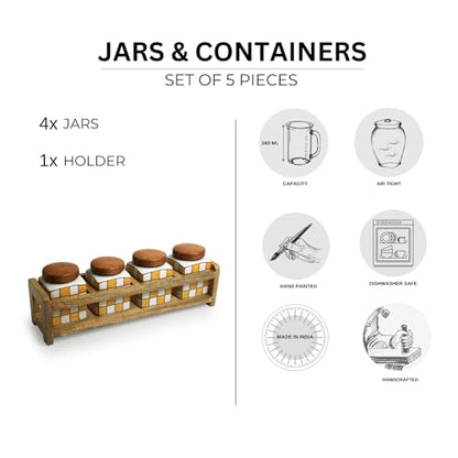 Image 6 of ExclusiveLane Shatranj Checkered Multi Utility Storage Ceramic Jars with Wooden Holder Set of 4 240 ml