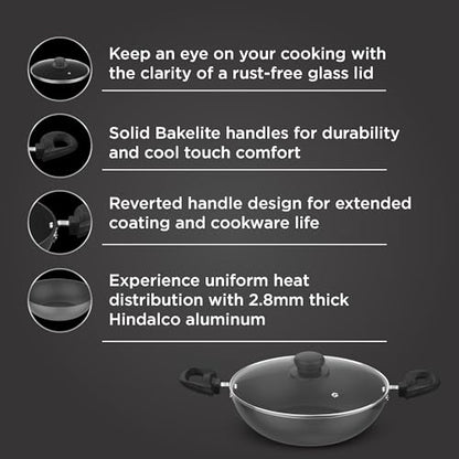 Image 5 of Preethi Daily Collection Non Stick Kadai 24 cm, with Glass Lid, 5 Star Non Stick Effect, Grey