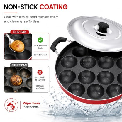 Image 2 of Vansh enterprises Aluminium Non Stick 12 Cavities Appam Pan with Lid 24 cm Red