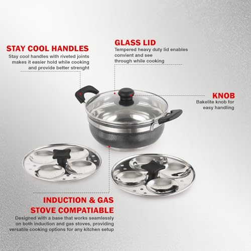 Image 4 of CELLO Magna Stainless Steel Idli Maker (2 Plates  1 Kadai) with Glass Lid For Kitchen | Riveted Sturdy Handle, Gas Stove & Induction Compatible, Tempered Glass Lid with Steam Vent, Easy to Cooking