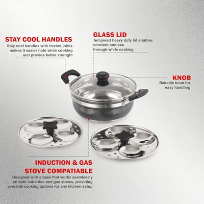 Image 4 of CELLO Magna Stainless Steel Idli Maker (2 Plates  1 Kadai) with Glass Lid For Kitchen | Riveted Sturdy Handle, Gas Stove & Induction Compatible, Tempered Glass Lid with Steam Vent, Easy to Cooking