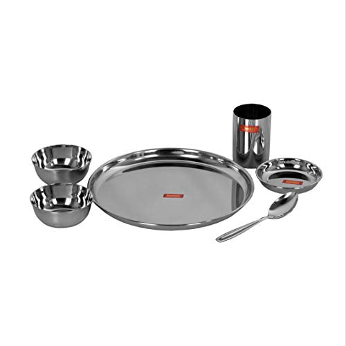 Image 5 of Sumeet Stainless Steel Solid Heavy Gauge Mirror Finish Dinner Set Of 6 Pcs (1 Plate, 1 Small/Halwa Plate, 2 Bowl/Wati, 1 Glass, 1 Spoon)