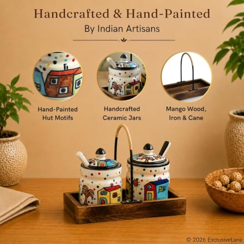 Image 3 of ExclusiveLane Hut Handpainted Ceramic Pickle Jars with Spoon & Wooden Holder Set of 2, 280 ml