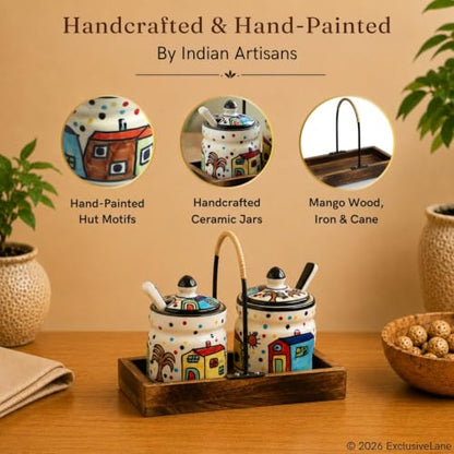 Image 3 of ExclusiveLane Hut Handpainted Ceramic Pickle Jars with Spoon & Wooden Holder Set of 2, 280 ml