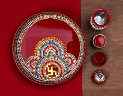 Image 4 of RIA Studio Traditional Swastik Pooja Thali Set 12-Inch Stainless Steel Prayer Plate with Kundan Decoration 5-Piece Hindu Worship Kit