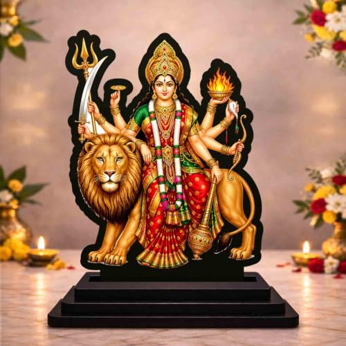 Image 1 of Default Title for the product Maa Sherawali Wooden MDF Printed Idol with Stand, 4 x 5 Inch, Pooja Room Decor, Home Temple Mandir Decoration, Religious Gift