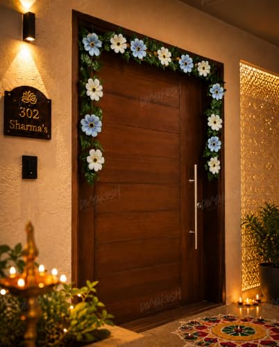Image 5 of Divyakosh Mango Leaf Vine with White & Blue Cosmos Flowers (6.5 FT) for Door Entrance Deﾌ…or Creeper | Artificial Flowers Garland,Thoran,Festive Puja Wall Hanging for Diwali Navratri Ganpati Home Deﾌ…or
