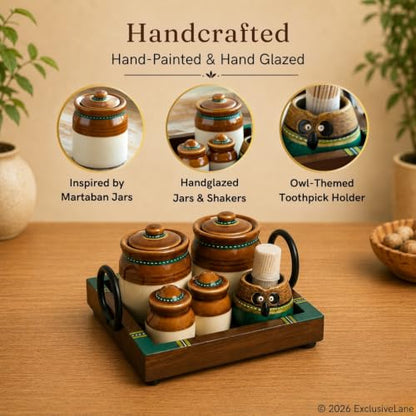 Image 3 of ExclusiveLane Old Martaban Ceramic Pickle Jars with Salt & Pepper Shaker & Tray & Toothpick Holder (120 & 20 gram)
