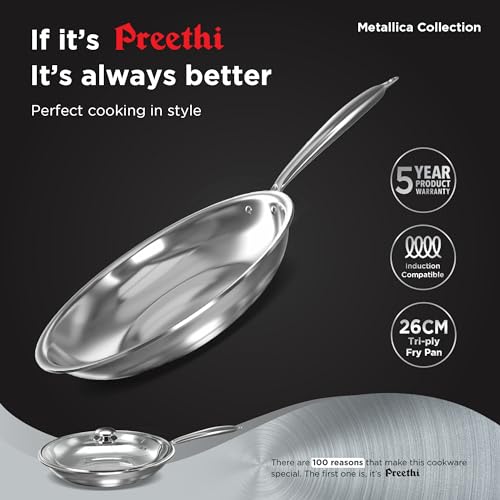 Image 3 of Preethi Metallica Collection Triply Stainless Steel Frypan with Glass Lid, 26 cm, Gas & Induction Compatible, Metal Spatula Friendly