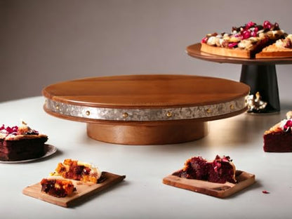 Image 6 of Vesta Homes Large Round Wooden 360 degree Rotating Cake Stand, Pizza Stand, Dessert Platter, Stand for Dining Table | Diameter - 12 inch, Height - 3 inch