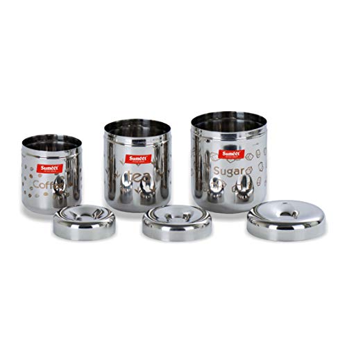 Image 6 of Sumeet Stainless steel Laser printed Tea; Cofee; Sugar Canisters Set of 3 (Capacity - Coffee - 300 ml; Tea 500 ml; Sugar 650ml), Silver